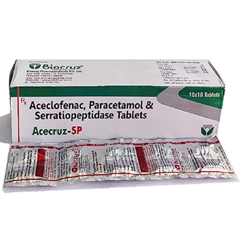 Product Name: Acecruz SP, Compositions of Acecruz SP are Aceclofenac 100 mg. + Serratiopeptidase 15 mg+ Paracetamol 325 mg. - Biocruz Pharmaceuticals Private Limited