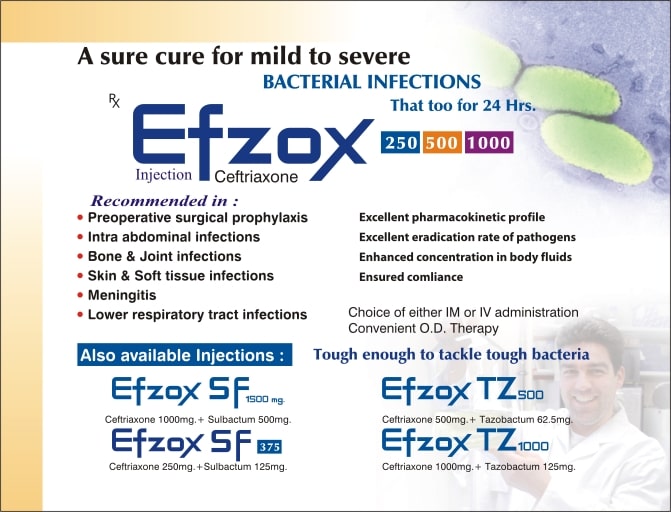 Product Name: Efzox, Compositions of Efzox are Ceftriaxone Sodium  I.P eq. to Anhydrous Ceftriaxone 250 mg - Biotropics Formulations
