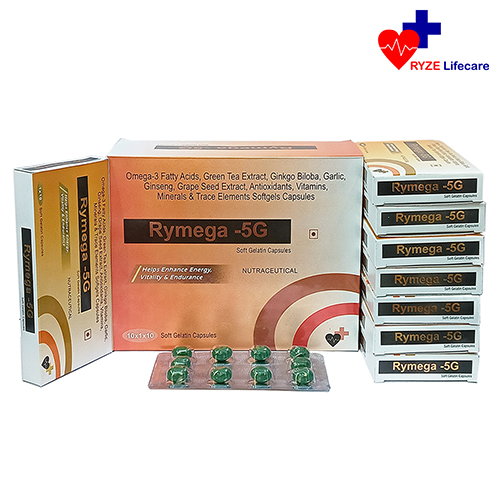Product Name: Rymega 5G, Compositions of Rymega 5G are Omega -3 Fatty Acids ,Green Tea Extract ,Ginkgo Biloba , Garlic, Ginseng , Grape Seed Extract,Antioxidants , Vitamins , minerals & Trace Elements Softgel Capsules - Ryze Lifecare