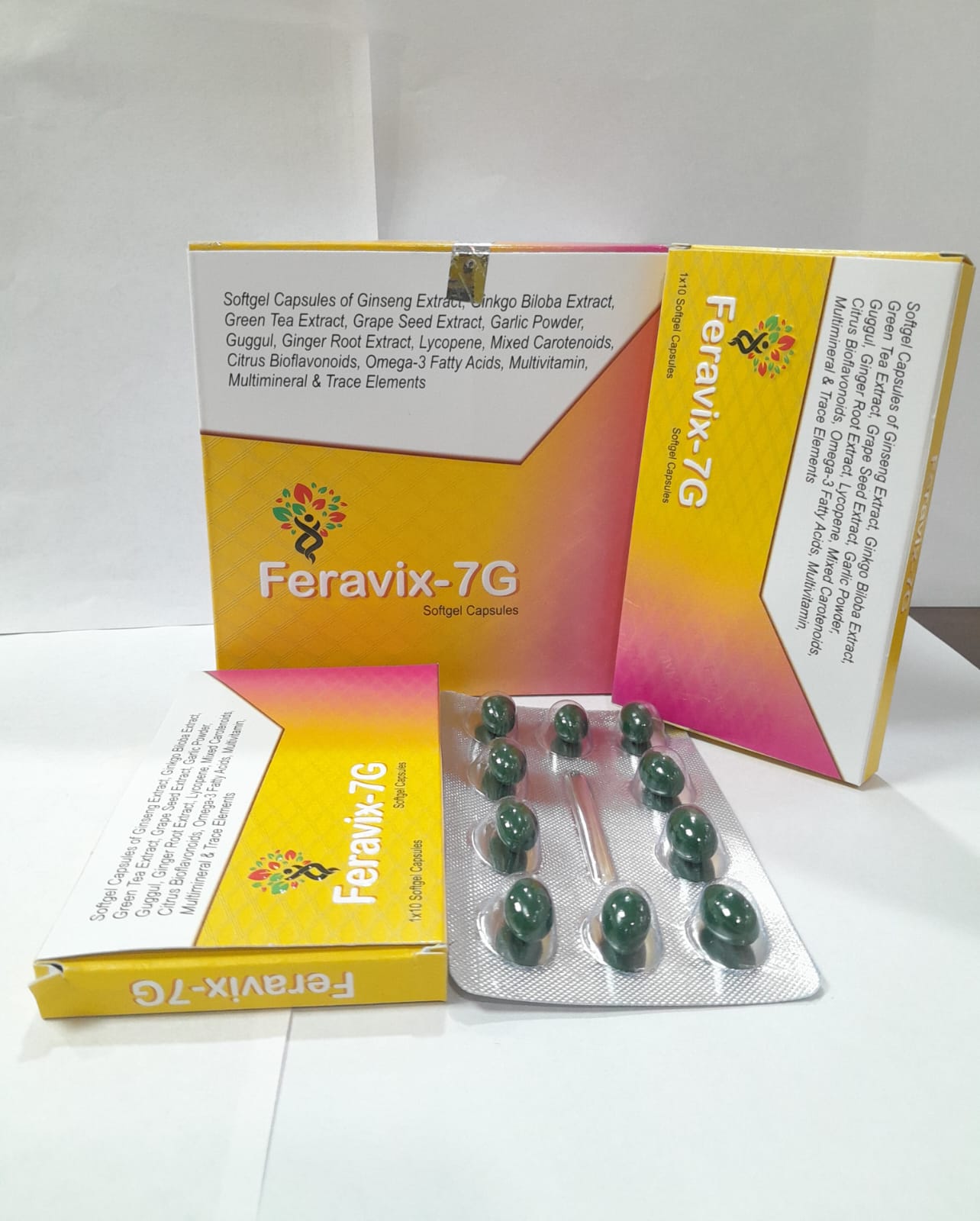 Product Name: FERAVIX 7G Softgel Capsules, Compositions of are Softgel Capsules of Ginseng Extract, Cinkgo Biloba Extrae Green Tea Extract, Grape Seed Extract, Garlic Powder, Guggul, Ginger Root Extract, Lycopene, Mixed Carotenoid Citrus Bioflavonoids, Omega-3 Fatty Acids, Multivitamin,  - Feravix Lifesciences