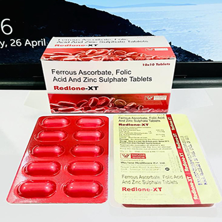 Product Name: Redlone XT, Compositions of Redlone XT are Ferrous Ascorbate, Folic Acid and Zinc Sulphate  - Waylone Healthcare