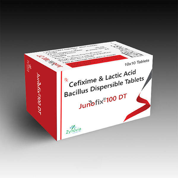 Product Name: Junofix 100 DT, Compositions of Junofix 100 DT are Cefixime & lactic Acid Bacillus Dispersible Tablets - Zynovia Lifecare