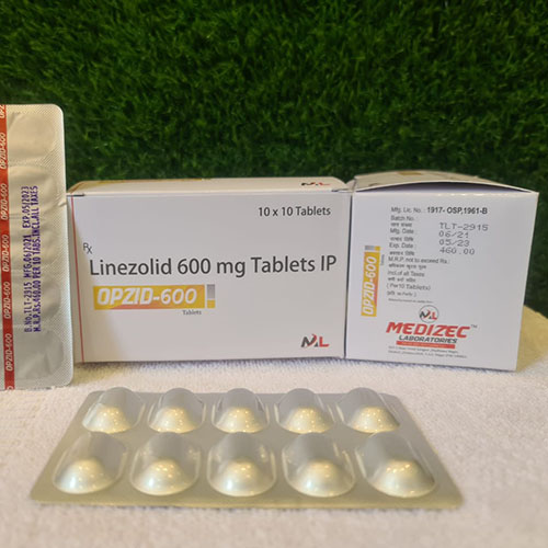 Product Name: Opzid 600, Compositions of Opzid 600 are Linezolid 600 mg Tablets IP - Medizec Laboratories