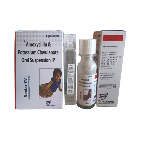 Product Name: NEXLAR CV, Compositions of NEXLAR CV are Amoxycillin & Potassium Clavulanate Oral Suspension IP - Tecnex Pharma