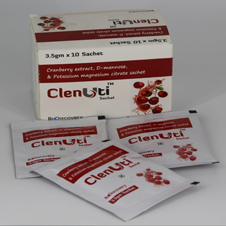 Product Name: Clenuti, Compositions of Clenuti are Cranberry Extract, D-Mannose & Potassium Magnesium Citrate Sachet - Biodiscovery Lifesciences Pvt Ltd