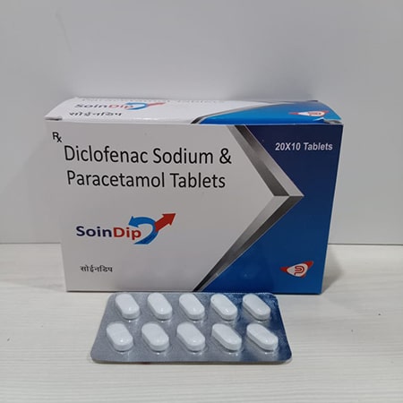 Product Name: Soindip, Compositions of Soindip are Diclofanac sodium & Paracetamol Tablets - Soinsvie Pharmacia Pvt. Ltd