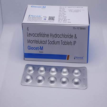 Product Name: Giocet M, Compositions of Giocet M are Levocetirizine Hydrochloride and Montelukast Sodium Tablets IP - Norvick Lifesciences