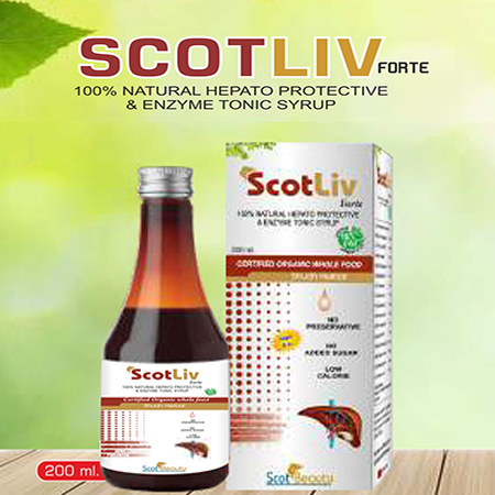 Product Name: Scotliv Forte, Compositions of Scotliv Forte are 100% Natural Hepato Protective & Enzyme Tonic Syrup - Scothuman Lifesciences