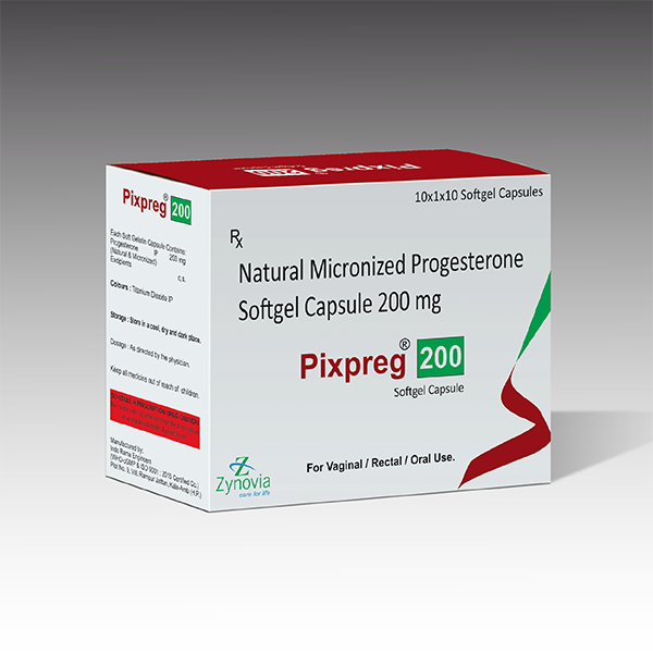 Product Name: pixpreg 200, Compositions of pixpreg 200 are Natural Micronized Progesterone softgel Capsule 200mg - Zynovia Lifecare