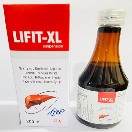Product Name: Lifit XL, Compositions of Lifit XL are Silymarin,L-Ornithine,L-Aspartate,Lecithin,Tricholine Citrate,Folic Acid,D-Panthenol,Inositol,Racemethioone,Taurine Syrup - Disan Pharma