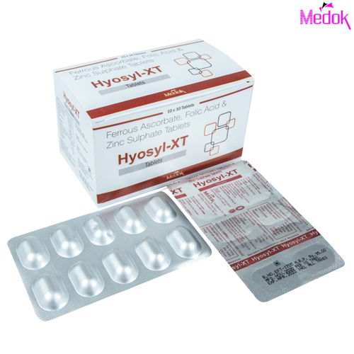 Product Name: Hyosyl  XT, Compositions of Hyosyl  XT are Ferrous Ascorbate 100 mg, Folic Acid 1.5 mg, Zinc 7.5 mg (Alu-Alu) - Medok Life Sciences Pvt. Ltd