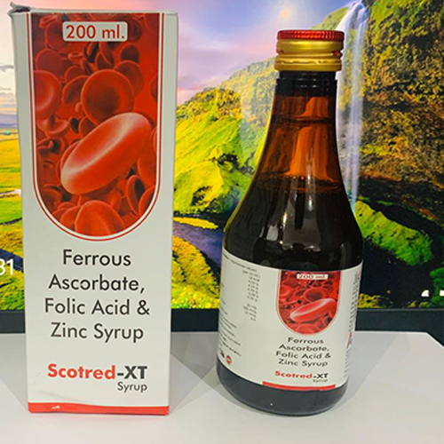 Product Name: Scotred Xt, Compositions of Scotred Xt are Ferrous Ascrobate, Folic Acid & Zinc Syrup - Adenscot Healthcare Pvt. Ltd.