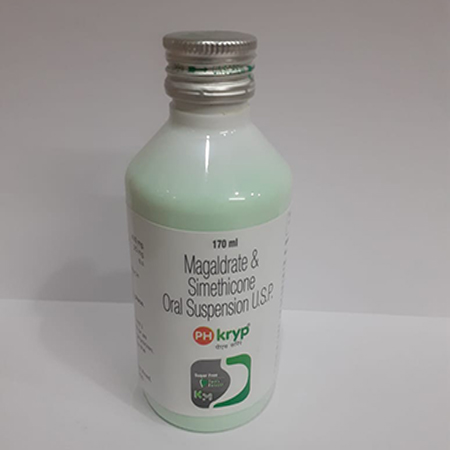 Product Name: PH KRYP, Compositions of Magaldrate & Simethicone Oral Suspension are Magaldrate & Simethicone Oral Suspension - Kryptomed Formulations Pvt Ltd