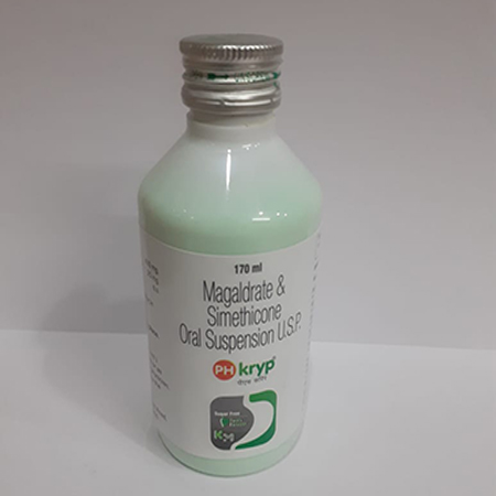 Product Name: Ph kryp, Compositions of Ph kryp are Magaldrate & Simethicone Oral Suspension - Kryptomed Formulations Pvt Ltd