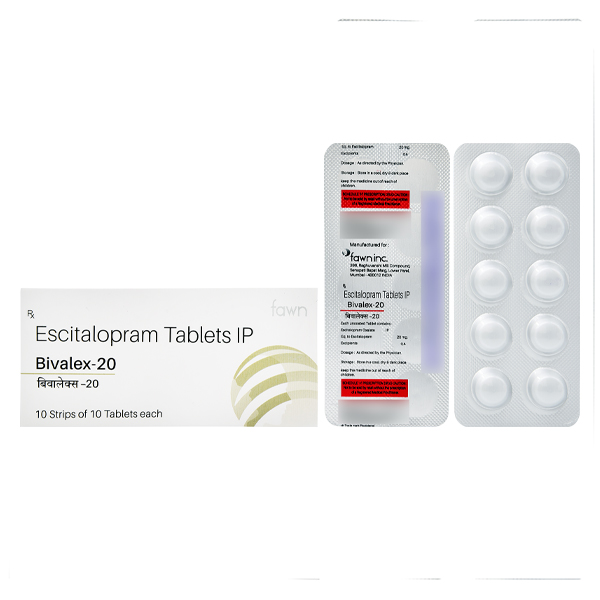 Product Name: BIVALEX 20, Compositions of BIVALEX 20 are Escitalopram IP 20mg - Fawn Incorporation