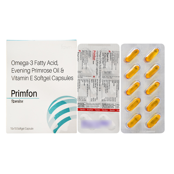 Product Name: PRIMFON, Compositions of PRIMFON are Omega3 Fatty Acid 90 mg + Evening Primerose Oil 1000 mg + Vitamin E 80 IU - Fawn Incorporation