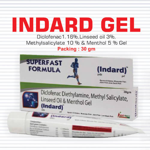 Product Name: Indard Gel, Compositions of Indard Gel are Diclofenac  Diethylamine,Linseed Oil,Methyl Salicylate & Menthol Gel - Pharma Drugs and Chemicals