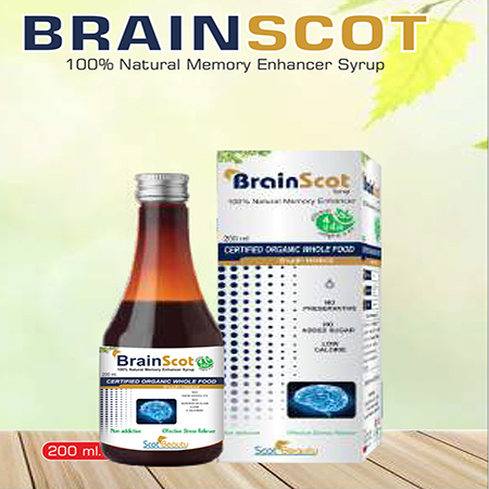 Product Name: Brainscot, Compositions of Brainscot are 100% Natural Memory Enhancer Syrup - Scothuman Lifesciences