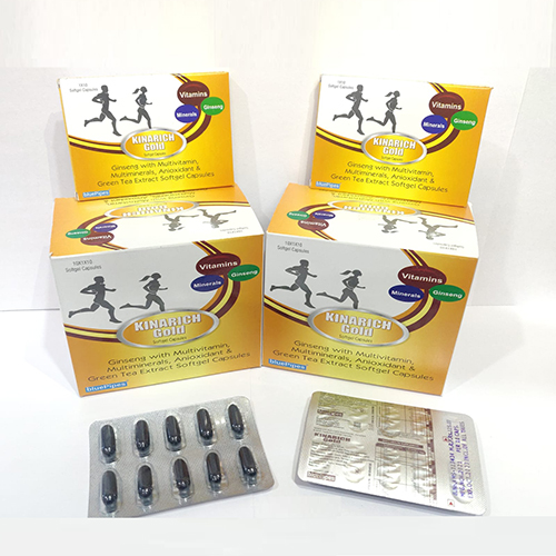 Product Name: KINARICH GOLD SOFTFGEL CAPSULES, Compositions of KINARICH GOLD SOFTFGEL CAPSULES are Ginseng with Multivitamin, Multiminerals ,Anioxidant & Green Tea Extract Softgel Capsules  - Bluepipes Healthcare