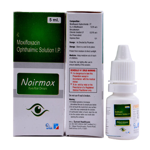 Product Name: Noirmox, Compositions of Noirmox are Moxifloxacin Opithalmic Solution IP - Arlak Biotech