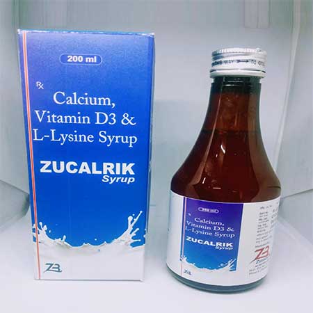 Product Name: Zucalrik, Compositions of Zucalrik are Calcium,Vitamin D3 & L-Lysine Syrup - Zumax Biocare
