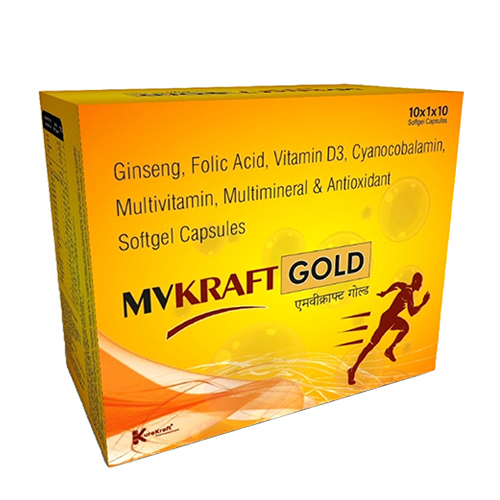 Product Name: MvkraftGold, Compositions of MvkraftGold are Ginseng, Folic Acid, Vitamin D3, Cyanocobalamin, Multivitamin, Multimineral & Antioxidant Softgel - KureKraft Pharmaceuticals
