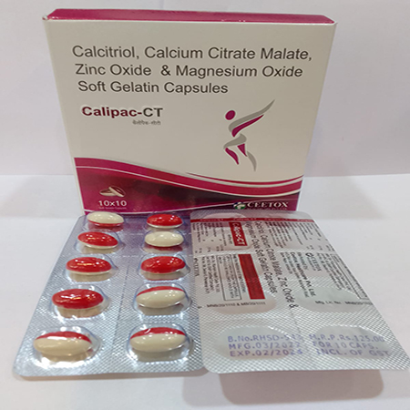Product Name: Calipac CT, Compositions of Calipac CT are Calcitriol,Calcium Malate Zinc Oxide & Magnesium Oxide Soft Gelatin Capsules - Ceetox HealthCare Private Limited