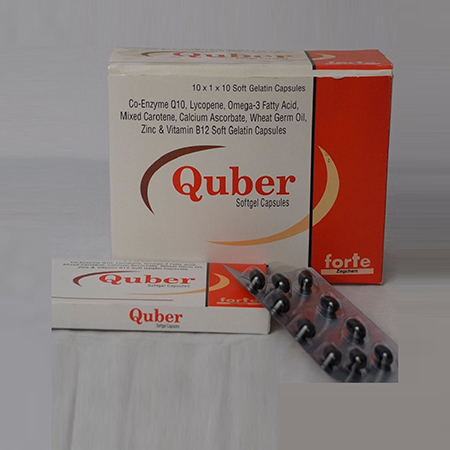 Product Name: Quber, Compositions of Quber are Co-enzyme Q-10,Lycopene,Omega-3 Fatty Acid,Mixed Carotene,Calcium,Ascorbate,Wheat Germ Oil,Zinc & Vitamin B12 Gelatin Capsules - Zegchem