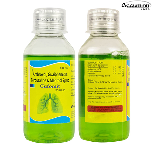Product Name: Cufomit, Compositions of Cufomit are Ambroxol, Guaiphensin, Terbutaline & Menthol Syrup - Accuminn Labs