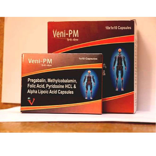 Product Name: Veni PM, Compositions of Veni PM are Pregabalin Methylcobalamin Folic acid Pyridoxine HCL & Alpha Lipoic Acid - Venix Global Care Private Limited