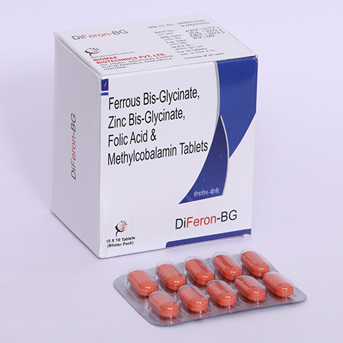 Product Name: DIFERON BG, Compositions of DIFERON BG are Ferrous Bis-Glycinate, Zinc Bis-Glycinate, Folic Acid & Methylcobalamin Tablets - Biomax Biotechnics Pvt. Ltd