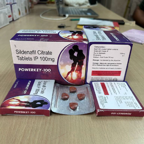 Product Name: POWERKEY 100, Compositions of POWERKEY 100 are Sildenafil Citrate Tablets IP 100mg - Medicure LifeSciences