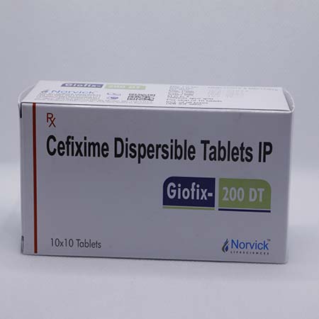 Product Name: Giofix 200 DT, Compositions of Giofix 200 DT are Cefixime Dispersable Tablets IP - Norvick Lifesciences