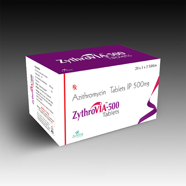 Product Name: Zythrovia 500, Compositions of Zythrovia 500 are Azithromycin Tablets IP 500mg - Zynovia Lifecare