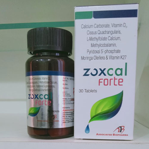 Product Name: Zoxcal Forte, Compositions of Zoxcal Forte are Calcium Carbonate, Vitamin D, Cissus Quadrangularis, Methylcobalamin, vitamin k27 - Associated Biopharma