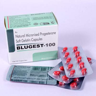 Product Name: Blugest 100, Compositions of Blugest 100 are Natural Micronised Progesterone soft Getatin Capsules - Bluewaterresearch