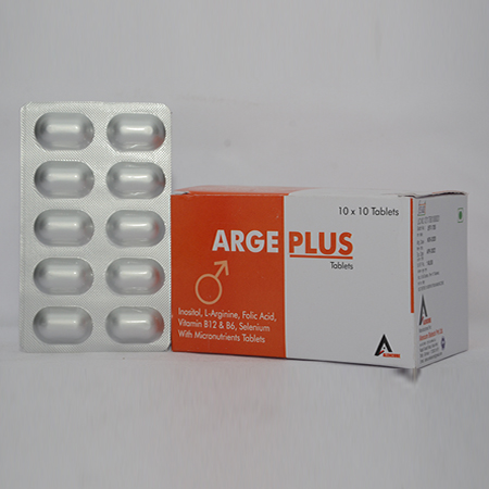 Product Name: ARGE PLUS, Compositions of ARGE PLUS are Inositol L-Arginine, Folic Acid, Vitamin B12 & B6, Selenium with Multinutrients Tablets - Alencure Biotech Pvt Ltd
