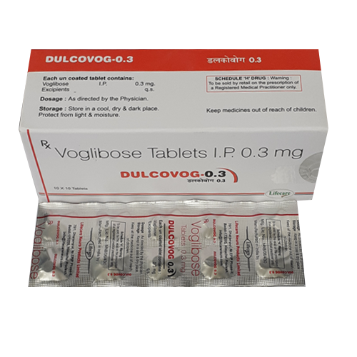Product Name: Dulcovog 0.3, Compositions of Dulcovog 0.3 are Voglibose Tablets IP 0.3mg - Lifecare Neuro Products Ltd.