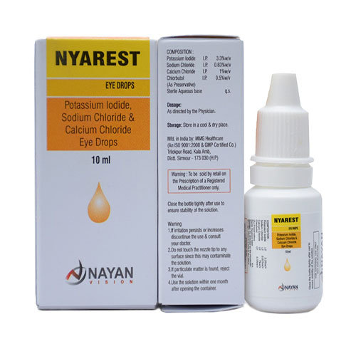 Product Name: Nyarest, Compositions of Nyarest are Potassium Iodide Sodium Chloride & Calcium Chloride Eye Drops - Arlak Biotech