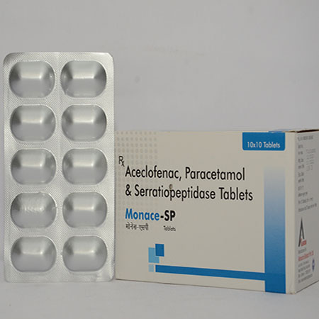 Product Name: MONACE SP, Compositions of MONACE SP are Aceclofenac, Paracetamol & Serratiopeptidase Tablets - Alencure Biotech Pvt Ltd