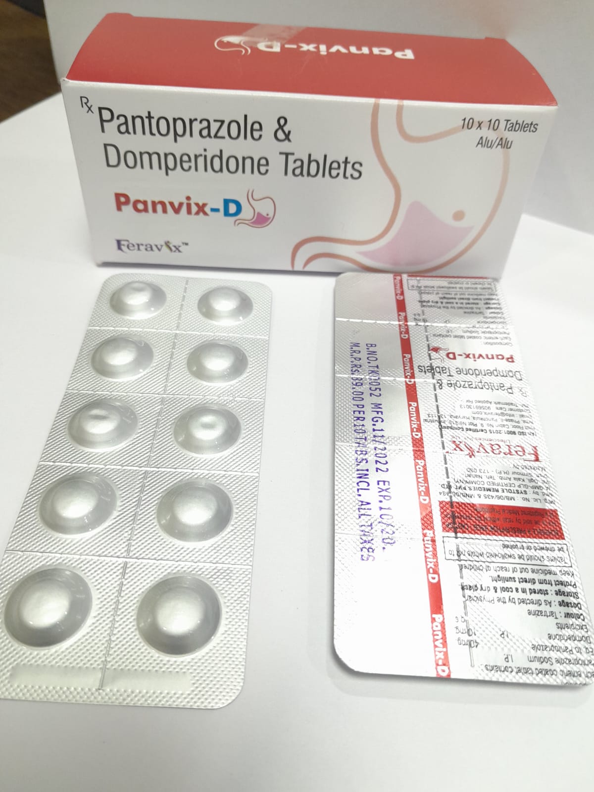 Product Name: PANVIX D Tablets, Compositions of PANVIX D Tablets are PANTOPRAZOLE 40MG, DOMPERIDONE 10MG - Feravix Lifesciences