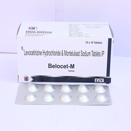Product Name: Belocet M, Compositions of Belocet M are Levocetrizine Hydrochloride & Montelukast Sodium Tablets IP - Eviza Biotech Pvt. Ltd