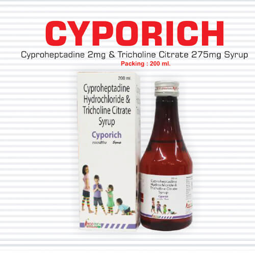 Product Name: Cyporich, Compositions of Cyporich are Cyproheptadine 2 mg And Tricholine Citrate 275 mg Syrup - Pharma Drugs and Chemicals