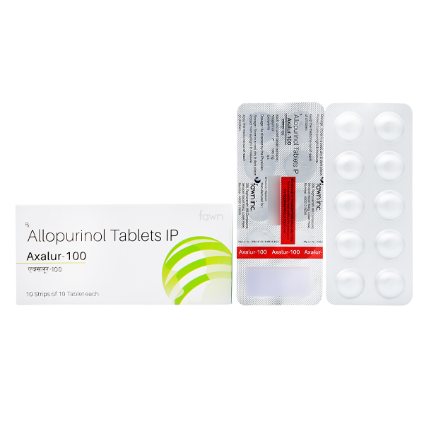 Product Name: AXALUR 100, Compositions of AXALUR 100 are Allopurinol I.P 100mg - Fawn Incorporation