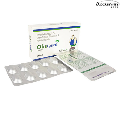 Product Name: Obegard, Compositions of Obegard are Garcina Cambogia Ext, Green Tea Ext , Ginger Ext & Piperacillin Tablets - Accuminn Labs
