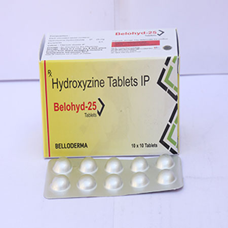 Product Name: Belohyd 25, Compositions of Belohyd 25 are Hydroxyzine Tablets IP - Eviza Biotech Pvt. Ltd