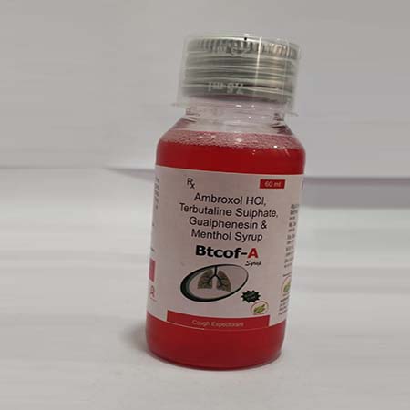 Product Name: Btcof A, Compositions of Btcof A are Ambroxol,HCL,Terbutalin,Sulphate,Guaifenesin and Menthol Syrup - Biotanic Pharmaceuticals