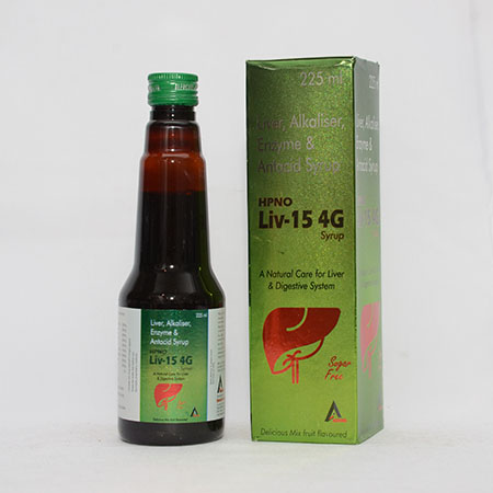 Product Name: LIV 15 4G, Compositions of LIV 15 4G are Liver, Alkaliser, Enzymes & Antacid Syrup - Alencure Biotech Pvt Ltd