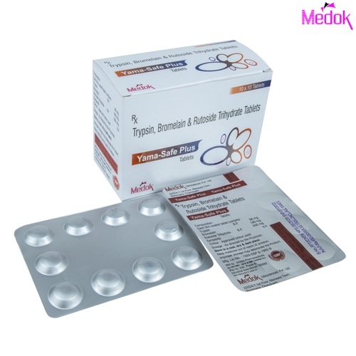 Product Name: Yama safe Pluse, Compositions of Yama safe Pluse are Trypsin bromelain & rutoside trihydrate tablets - Medok Life Sciences Pvt. Ltd