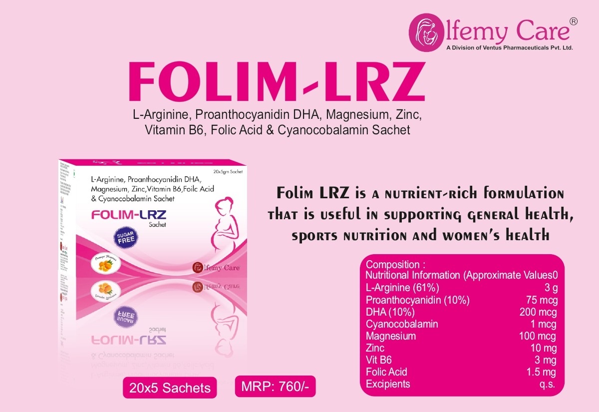 Product Name: Folim Lrz, Compositions of are L-arginine,Proanthocyanidin DHA,Magnesium Zinc Vitamin B6,Folic Acid and Cyanocobalamin Sachet - Olfemy Care